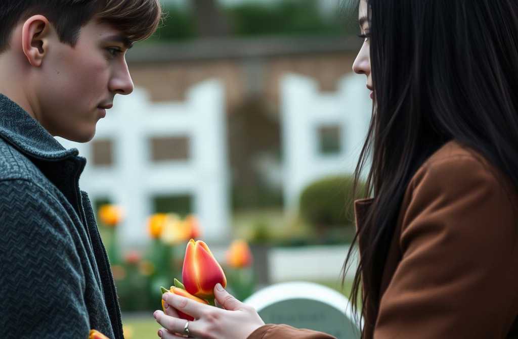 Taksówka zatrzymała się przed bramą cmentarza. Młodzieniec, który z niej wysiadł, podszedł do kobiety sprzedającej kwiaty.