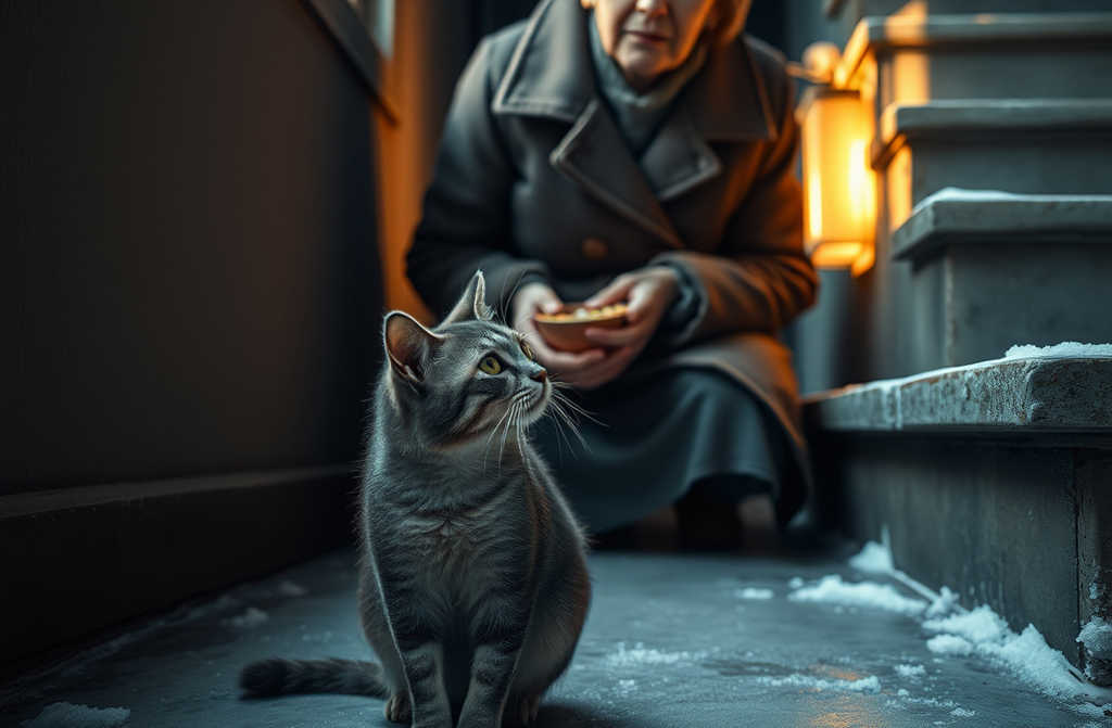 Lulka, nie chowaj się. Co ty robisz w naszej klatce schodowej?” – Kot spojrzał skruszony, przesuwając ciężkie od mrozu łapki po kałuży wody, która powstała z topniejącego śniegu na jego futrze.