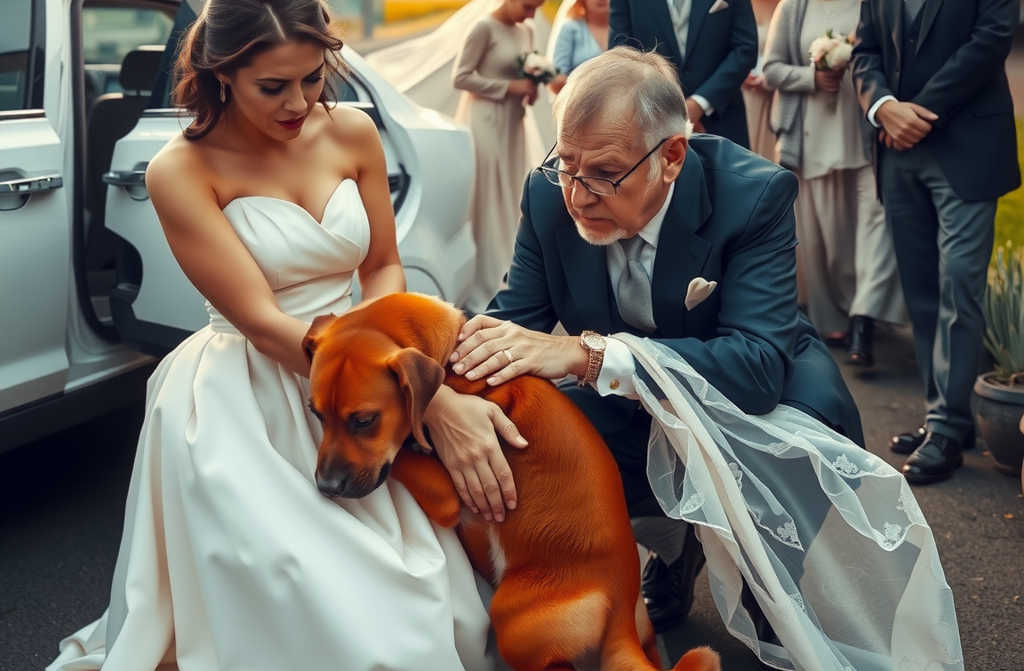 Weselna kolumna ledwo zahamowała przy psie. Kto by się tego spodziewałThe dog, wagging its tail enthusiastically, leapt onto the bride’s veil, sparking a wave of laughter and spontaneous applause from the startled wedding guests.