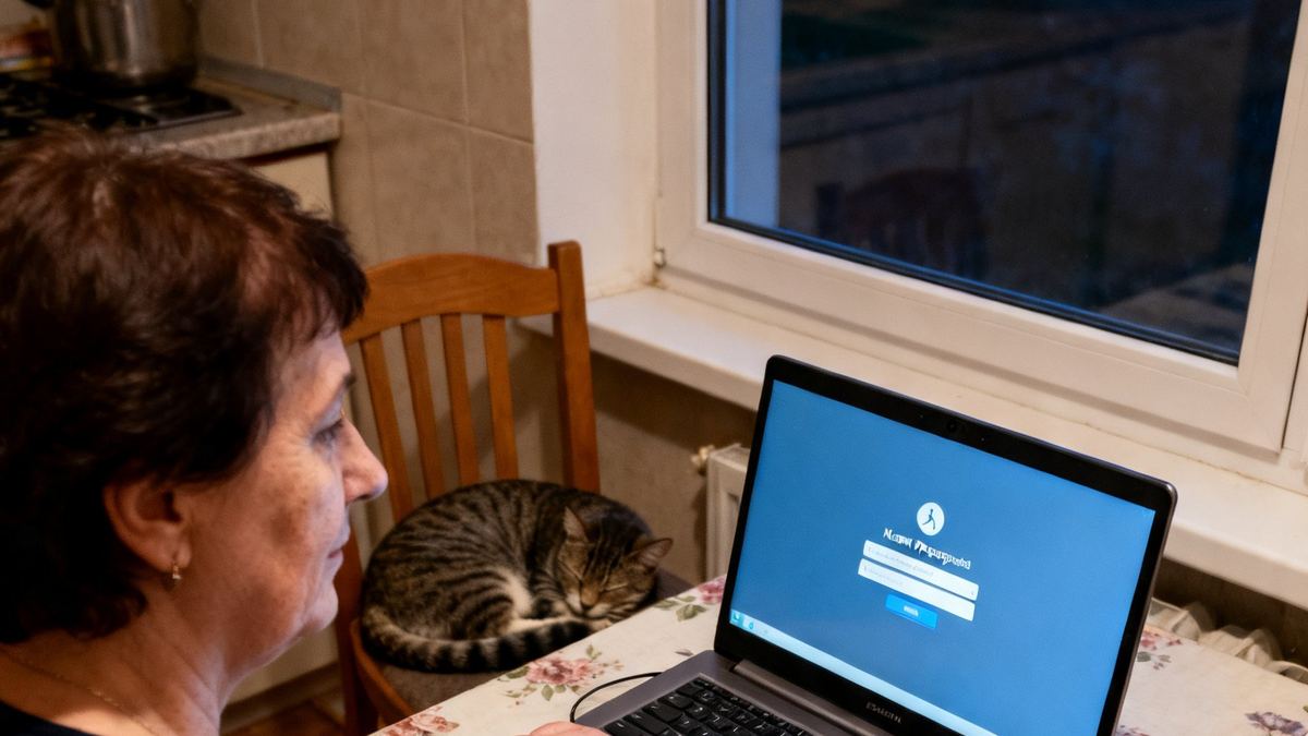 Kobieta z siwiejącymi włosami, które przycinała sama, w domowej łazience, patrzy na ekran telefonu